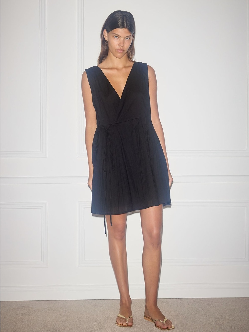 Black Sleeveless Mini Wrap Dress with Tie Waist